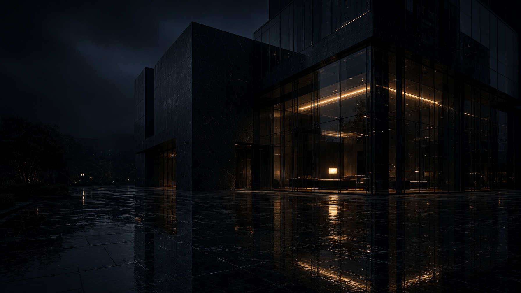 Night view of a contemporary building suggesting a global headquarters