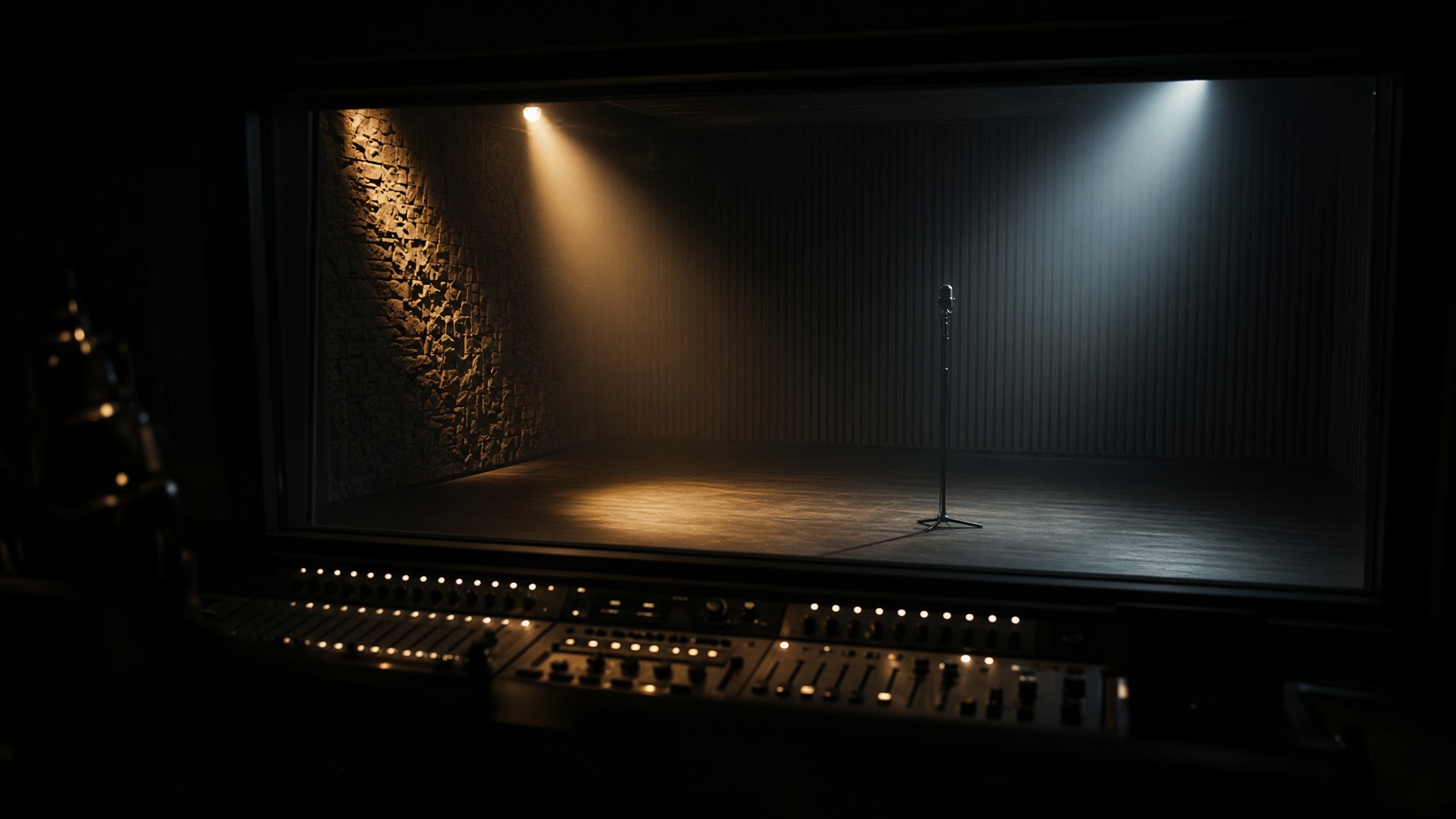 A dim luxury recording studio, viewed from the control room